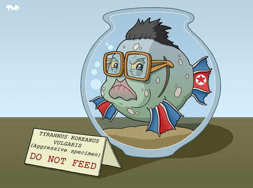 Cartoon: Tyrannus Koreanus Vulgaris (medium) by Tjeerd Royaards tagged north,korea,dictator,tyrant,fish,bowl,threat,un,kim jung il,korea,diktator,nordkorea,tyrann,kim,jung,il,fisch