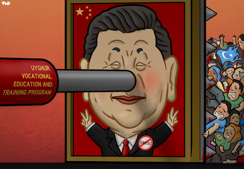 Cartoon: Uyghur genocide (medium) by Tjeerd Royaards tagged uyghurs,china,genocide,xi,jinping,report,oppression,lie,truth,uyghurs,china,genocide,xi,jinping,report,oppression,lie,truth