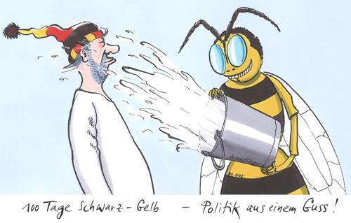 Cartoon: 100 Tage schwarz gelb (medium) by woessner tagged schwarz,gelb,bundesregierung,100,tage,leistung,erfolg,koalition,fdp,csu,cdu,merkel,westerwelle,bilanz,schwarz,gelb,bundesregierung,leistung,erfolg,koalition,fdp,csu,cdu,angela merkel,guido westerwelle,bilanz,angela,merkel,guido,westerwelle