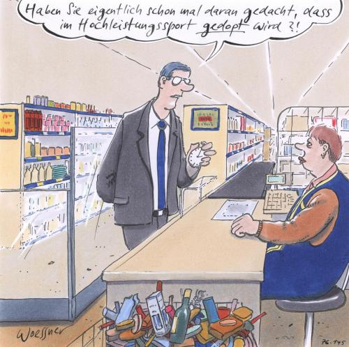 Cartoon: 76.145.doping lidl (medium) by woessner tagged doping,sport,einzelhandel,arbeitsbedingungen,schnäppchen,lohn,gewerkschaft,doping,sport,einzelhandel,arbeitsbedingungen,arbeit,angestellter,arbeiter,verhältnis,lidl,supermarkt,einkaufen,gewerkschaft,lohn,geld,überwachung,steroide,glenbuterol,dopingliste,amphetamine,testosteron,dopingtest,anabolika,blutprobe,urinprobe,cortison,epo,wachstumshormone,blutdoping,eigenblutdoping,hämatokritwert,medikamentenmissbrauch,pharmaindustrie,pharma,pharmakonzerne,pharmazeutika,pharmazie,mckinsey,rüge,ermahnung,mobbing,sexuelle diskriminierung,arbeitsplatz,personalakte,chef,boss,feuern,beobachtung,kontrolle,rationalisierung,sanierung,verschlankung,zeitkontrolle,zeitnahme,work flow,sexuelle,diskriminierung,work,flow