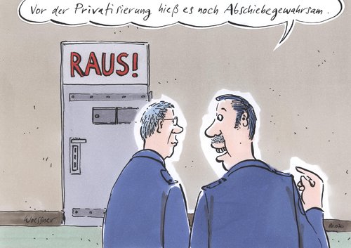 Cartoon: Abschiebegewahrsam (medium) by woessner tagged abschiebegewahrsam,gefängnis,vollzug,beamte,wärter,polizei,privatisierung,verstaatlichung,ausländer,politik,sprache,abschiebegewahrsam,gefängnis,beamte,vollzug,wärter,privatisierung,polizei,verstaatlichung,ausländer