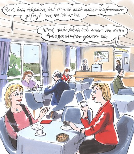 Cartoon: Adressenhändler (medium) by woessner tagged adressenhändler,telefonnummer,misstrauen,neid,missgunst,freundschaft,freundin,beziehung,liebe,flirt,restaurant,cafe,telefonnummer,misstrauen,neid,missgunst,freundschaft,freundin,beziehung,liebe,flirt,restaurant