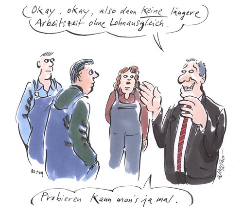 Cartoon: arbeitszeitverlängerung (medium) by woessner tagged arbeitszeitverlängerung,lohnausgleich,lohn,lohnerhöhung,arbeitszeit,gewerkschaft,arbeitskampf,streik,arbeiterbewegung,unternehmer,wirtschaft,ausbeutung,arbeitsverhältnis,arbeitszeitverlängerung,lohnausgleich,lohn,lohnerhöhung,arbeitszeit,gewerkschaft,arbeitskampf,streik,arbeiterbewegung,unternehmer,wirtschaft,ausbeutung,arbeitsverhältnis