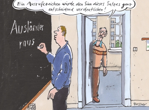 Cartoon: Ausländer raus quer (medium) by woessner tagged ausländer,raus,querformat,nazi,neonazi,rechtsradikale,ausländerfeindlich,flüchtling,asylanten,asyl,schule,lehrer,bildung,grammatik,ausrufezeichen,fremd,fremdenfeindlichkeit,xenophobie,ausländerfeindlichkeit,asylantenschwemme,armutsflüchtling,politische,verfolgung,wirtschaftsflüchtling,ausländer,raus,querformat,nazi,neonazi,rechtsradikale,ausländerfeindlich,flüchtling,asylanten,asyl,schule,lehrer,bildung,grammatik,ausrufezeichen,fremd,fremdenfeindlichkeit,xenophobie,ausländerfeindlichkeit,asylantenschwemme,armutsflüchtling,politische,verfolgung,wirtschaftsflüchtling