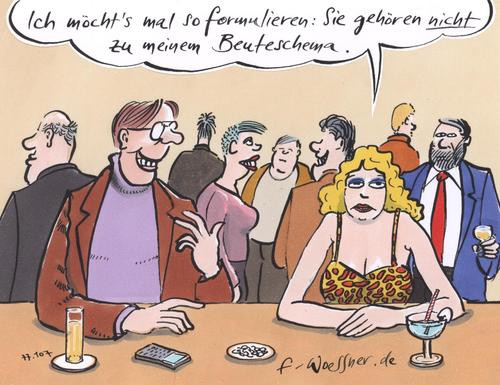 Cartoon: beuteschema (medium) by woessner tagged beuteschema,beziehung,mann,frau,tier,flirt,bar,kneipe,alkohol,ehrlichkeit,erobererung,beuteschema,beziehung,mann,frau,tier,flirt,bar,kneipe,alkohol,ehrlichkeit,erobererung