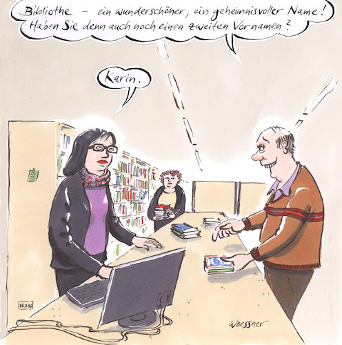 Cartoon: Bibliothekarin (medium) by woessner tagged freimut,woessner,karikaturen,cartoons,rückgabe,ausleihe,medien,literatur,buch,bücher,dichtung,buchmesse,bibliothekarin,bibliothek,wortspiel,vornamen,flirt,stadtbibliothek,bücherei,stadtbücherei,jugendbücherei,kinderbücherei,karin,anmache,anbaggern,flirten,abfuhr,freimut,woessner,karikaturen,cartoons,rückgabe,ausleihe,medien,literatur,buch,bücher,dichtung,buchmesse,bibliothekarin,bibliothek,wortspiel,vornamen,flirt,stadtbibliothek,bücherei,stadtbücherei,jugendbücherei,kinderbücherei,karin,anmache,anbaggern,flirten,abfuhr