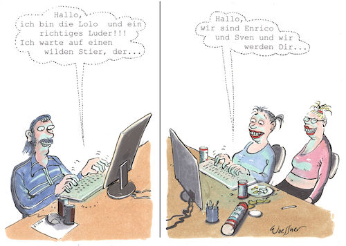 Cartoon: Cyber Luder (medium) by woessner tagged freimut,woessner,karikaturen,cartoons,lolo,stier,enrico,sven,erotik,anonym,computer,pc,mac,luder,internet,www,world,wide,web,cybererotik,cybersex,beziehung,einsamkeit,online,digitalisierung,digital,nähe,fremdheit,distanz,anonymität,täuschung,reinlegen,fake,fälschung,anmache,freimut,woessner,karikaturen,cartoons,lolo,stier,enrico,sven,sex,erotik,anonym,computer,pc,mac,luder,internet,www,world,wide,web,cybererotik,cybersex,beziehung,einsamkeit,online,digitalisierung,digital,nähe,fremdheit,distanz,anonymität,täuschung,reinlegen,fake,fälschung,anmache