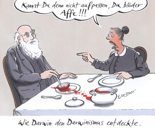 Cartoon: darwinismus (medium) by woessner tagged darwin,darwinismus,entdeckung,forschung,tiere,affe,mann,frau,essen,beschimpfung,darwin,darwinismus,entdeckung,forschung,tiere,affe,mann,frau,essen,beschimpfung