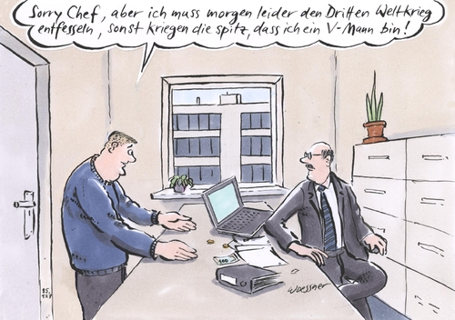 Cartoon: Dritter Weltkrieg (medium) by woessner tagged dritter,weltkrieg,mann,spitzel,verfassungsschutz,rechtsextremismus,nazis,rechtsradikale,undercover,gewalttat,anstiftung,agent,führungsoffizier,geheimdienst,attentat,bombenanschlag,zweiter,faschismus,nazizeit,hitler,neonazis,rechte,glatzen,skinheads,bnd,nsa,fbi,cia,horch,und,guck,stasi,staatssicherheitsdienst,dritter,weltkrieg,mann,spitzel,verfassungsschutz,rechtsextremismus,nazis,rechtsradikale,undercover,gewalttat,anstiftung,agent,führungsoffizier,geheimdienst,attentat,bombenanschlag,zweiter,faschismus,nazizeit,hitler,neonazis,rechte,glatzen,skinheads,bnd,nsa,fbi,cia,horch,und,guck,stasi,staatssicherheitsdienst