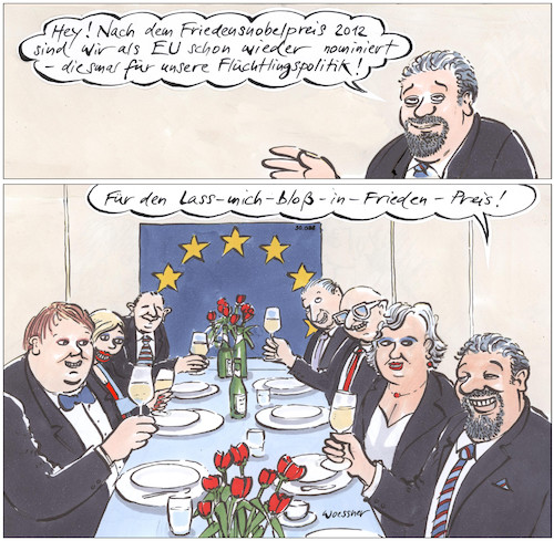 Cartoon: Europa Flüchtlingspolitik (medium) by woessner tagged woessner,karikaturen,cartoons,verteilung,quoten,drückeberger,fluchtbewegungen,flüchtigsbewegungen,flüchtlingsströme,lesbos,griechenland,flüchtlingslager,aussengrenzeneuropa,flüchtlingspolitik,europäische,einigkeit,gemeinsamkeit,zusammhalt,migranten,flüchtlinge,aufnahme,humanität,nobelpreis,friedenspreis,lass,mich,bloß,in,frieden,empathie,gleichgültigkeit,schutz,migration,woessner,karikaturen,cartoons,verteilung,quoten,drückeberger,fluchtbewegungen,flüchtigsbewegungen,flüchtlingsströme,lesbos,griechenland,flüchtlingslager,aussengrenzeneuropa,flüchtlingspolitik,europäische,einigkeit,gemeinsamkeit,zusammhalt,migranten,flüchtlinge,aufnahme,humanität,nobelpreis,friedenspreis,lass,mich,bloß,in,frieden,empathie,gleichgültigkeit,schutz,migration