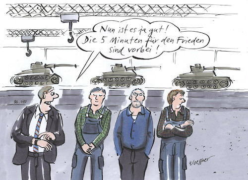 Cartoon: Fünf Minuten für den Frieden (medium) by woessner tagged cartoon,karikatur,woessner,panzerfabrik,gedenkminute,frieden,waffenfabrik,waffenhandel,waffenexport,friede,pazifismus,krieg,betrieb,gewerkschaft,belegschaft,betriebsleitung,chef,arbeitgeber,waffenindustrie,arbeitsniederlegung,streik,warnstreik,arbeitnehmer,arbeiter,angestellte,karikaturen,friedensbewegung,angriffskrieg,militär,bundeswehr,ukraine,russland,putin,cartoon,karikatur,woessner,panzerfabrik,gedenkminute,frieden,waffenfabrik,waffenhandel,waffenexport,friede,pazifismus,krieg,betrieb,gewerkschaft,belegschaft,betriebsleitung,chef,arbeitgeber,waffenindustrie,arbeitsniederlegung,streik,warnstreik,arbeitnehmer,arbeiter,angestellte,karikaturen,friedensbewegung,angriffskrieg,militär,bundeswehr,ukraine,russland,putin