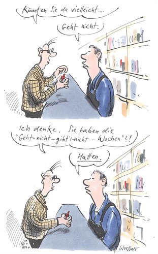 Cartoon: geht nicht (medium) by woessner tagged personal,bedienung,spr,service,baumarkt,werbung,verkauf,mann,der,ist,selbst,yourself,it,do,heimwerken,heimwerker,nicht,geht,geht,nicht,heimwerk,verkauf,werbung,baumarkt,service,spr,bedienung,personal