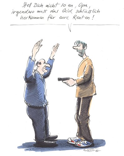 Cartoon: Geld für Rente (medium) by woessner tagged stell,dich,nicht,an,opa,rente,altersversorgung,altersarmut,senioren,pension,jugend,generationenvertrag,alterspyramide,solidarität,überfall,raub,kriminalität,stell,dich,nicht,an,opa,rente,altersversorgung,altersarmut,senioren,pension,jugend,generationenvertrag,alterspyramide,solidarität,überfall,raub,kriminalität