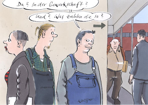 Cartoon: Gewerkschaft (medium) by woessner tagged freimut,woessner,karikaturen,cartoons,betrieb,firma,arbeitnehmerinnen,angestellter,arbeiterinnen,jugend,naivität,unerfahrenheit,unpolitisch,arbeitnehmerrechte,arbeitsplatz,arbeit,in,der,gewerkschaft,arbeiter,angestellte,mitgliedschaft,erwartung,anspruchshaltung,arbeitnehmer,arbeitnehmervertretung,interessenvertretung,lohn,entlohnung,geld,konsum,desinteresse,freimut,woessner,karikaturen,cartoons,betrieb,firma,arbeitnehmerinnen,angestellter,arbeiterinnen,jugend,naivität,unerfahrenheit,unpolitisch,arbeitnehmerrechte,arbeitsplatz,arbeit,in,der,gewerkschaft,arbeiter,angestellte,mitgliedschaft,erwartung,anspruchshaltung,arbeitnehmer,arbeitnehmervertretung,interessenvertretung,lohn,entlohnung,geld,konsum,desinteresse