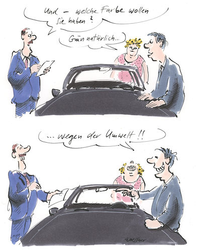 Cartoon: grün wegen Umwelt (medium) by woessner tagged woessner,karikaturen,cartoons,kfz,fahrbarer,untersatz,autoverkäufer,autohändler,autokauf,kaufentscheidung,klimaerwärmung,erderwärmung,friday,for,future,umweltschutz,umweltbewegung,grün,wegen,umwelt,auto,verkehr,benzinverbrauch,klimawandel,luftverschmutzung,farbe,image,farbsymbol,symbolisch,fake,grüne,umweltpartei,schlechtes,gewissen,cozwei,co,zwei,umweltverschmutzung,woessner,karikaturen,cartoons,kfz,fahrbarer,untersatz,autoverkäufer,autohändler,autokauf,kaufentscheidung,klimaerwärmung,erderwärmung,friday,for,future,umweltschutz,umweltbewegung,grün,wegen,umwelt,auto,verkehr,benzinverbrauch,klimawandel,luftverschmutzung,farbe,image,farbsymbol,symbolisch,fake,grüne,umweltpartei,schlechtes,gewissen,cozwei,co,zwei,umweltverschmutzung