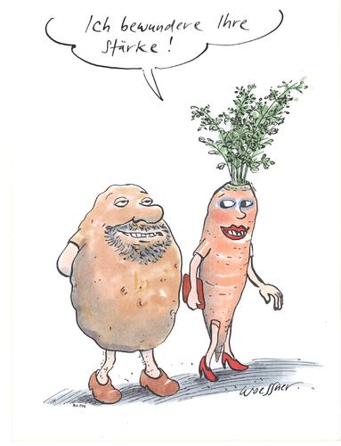 Cartoon: Kartoffelstärke (medium) by woessner tagged kartoffel,mohrrübe,karotte,stärke,gemüse,lebensmittel,chemie,beziehung,bewunderung,liebe,erotik,angabe,mann,frau,kartoffel,mohrrübe,karotte,stärke,gemüse,chemie,lebensmittel,beziehung,bewunderung,erotik,liebe,angabe