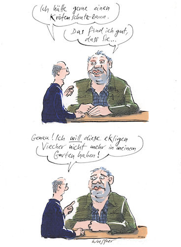 Cartoon: Krötenschutzzaun (medium) by woessner tagged freimut,woessner,karikaturen,cartoons,tierschützer,öko,müslis,ökologen,biologen,naturschützer,verkäufer,bioladen,umweltschützer,umweltschutz,zaun,schutz,krötenschutzzaun,umwelt,ökologie,naturschutz,tierschutz,biotop,tiere,feuchtbiotop,garten,gartenzaun,ekel,abscheu,kröten,abwehr,abwehrhaltung,widerwille,freimut,woessner,karikaturen,cartoons,tierschützer,öko,müslis,ökologen,biologen,naturschützer,verkäufer,bioladen,umweltschützer,umweltschutz,zaun,schutz,krötenschutzzaun,umwelt,ökologie,naturschutz,tierschutz,biotop,tiere,feuchtbiotop,garten,gartenzaun,ekel,abscheu,kröten,abwehr,abwehrhaltung,widerwille