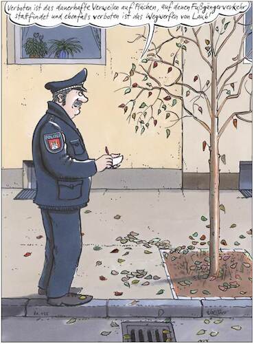 Cartoon: Laubpolizei (medium) by woessner tagged cartoon,karikatur,woessner,strafzettel,strafe,strafvollzug,tatbestand,täterprofil,trottoir,blätter,baum,stadtbaum,stadtgrün,begrünung,natur,städtebau,typisch,deutsch,uniform,laubpolizei,strafverfolgung,ordnungswidrigkeit,herbst,laub,gehweg,fussgänger,knöllchen,rechtsprechung,pedanterie,öffentliche,flächen,städtisch,polzistinnen,polizisten,strafverfolger,bussgeld