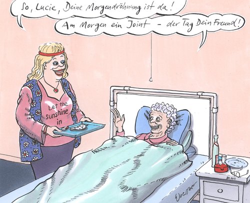 Cartoon: morgendröhnung (medium) by woessner tagged morgendröhnung,droge,therapie,haschisch,pflege,patient,alter,krankenschwester,krankenhaus,pflegeheim,euphorie,rausch,morgendröhnung,droge,therapie,haschisch,pflege,patient,alter,krankenschwester,krankenhaus,pflegeheim,euphorie,rausch