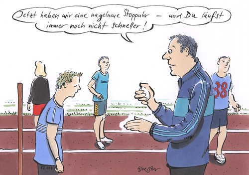 Cartoon: neue stoppuhr (medium) by woessner tagged nagelneue,stoppuhr,sport,hochleistung,leichtathletik,messen,als,selbstzweck,förderung,training,unterricht,schule,lehrer,bildung,schulsystem,pisa,nagelneue,stoppuhr,sport,hochleistung,leichtathletik,messen,als,selbstzweck,förderung,training,unterricht,schule,lehrer,bildung,schulsystem,pisa