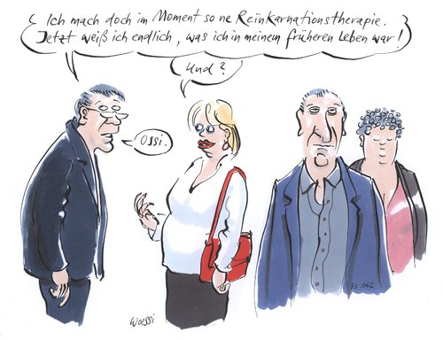 Cartoon: Ossi (medium) by woessner tagged ossi,reinkarnationstherapie,ddr,brd,ost,west,kapitalismus,kommunismus,deutschland,nationalität,heimat,identität,ossi,reinkarnationstherapie,ddr,brd,ost,west,kapitalismus,kommunismus,deutschland,nationalität,heimat,identität