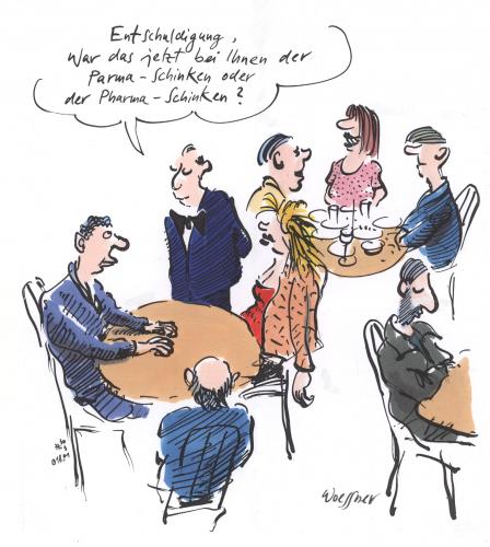 Cartoon: parmaschinken (medium) by woessner tagged essen,chemie,pharmazie,gastronomie,,essen,chemie,pharmazie,gastronomie,nahrung,parmaschinken,lebensmittel,restaurant,ober,kellner,gast,pharma,fleisch,gäste,kundschaft,lebensmittelskandal,fleischbeschau,freibank,fleischskandal,ekelfleisch,pharma food,lebensmittel risiken,foodwatch,eu,europäische union,futtermittelzusätze,futtermittel,rohstoffe,lebensmittelzusätze,giftstoffe,pestizide,lebensmittelhersteller,kontamination,verbraucherschutz,verdorben,bse skandal,lebensmittelrecht,lebensmittelvergiftung,lebensmittelkrise,gammelfleisch,haltbarkeit,schlachthof,schlachthaus,fleischer,frischfleisch,food,risiken,europäische,union,bse,skandal,gift