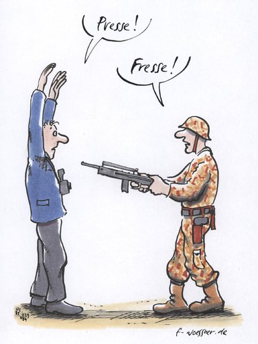 Cartoon: presse fresse (medium) by woessner tagged presse,fresse,zensur,embedded,journalismus,reporter,kriegsberichterstatter,soldat,armee,psychologische,kriegsführung,propaganda,desinformation,presse,fresse,zensur,embedded,journalismus,reporter,kriegsberichterstatter,soldat,armee,psychologische,kriegsführung,propaganda,desinformation