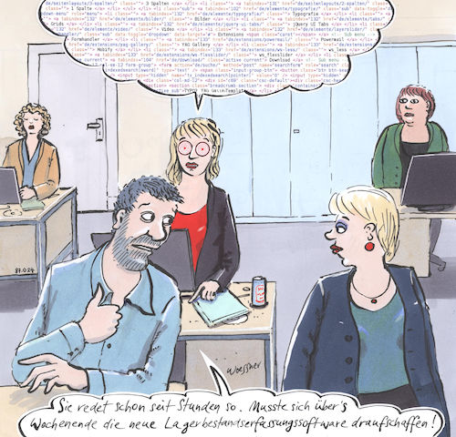 Cartoon: private Weiterbildung (medium) by woessner tagged freimut,woessner,karikaturen,cartoons,arbeitsplatz,arbeitswelt,büro,kollegen,kolleginnen,angestellter,quelltext,computersprache,lagerbestand,inventur,programmierung,private,weiterbildung,software,kompliziert,kompliziertheit,arbeitsüberlastung,stress,fortbildung,pc,computer,betrieb,betriebliche,gewerkschaft,arbeitsrecht,betriebsrat,freimut,woessner,karikaturen,cartoons,arbeitsplatz,arbeitswelt,büro,kollegen,kolleginnen,angestellter,quelltext,computersprache,lagerbestand,inventur,programmierung,private,weiterbildung,software,kompliziert,kompliziertheit,arbeitsüberlastung,stress,fortbildung,pc,computer,betrieb,betriebliche,gewerkschaft,arbeitsrecht,betriebsrat