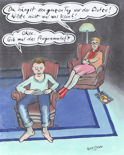 Cartoon: Programmheft (medium) by woessner tagged woessner,karikaturen,cartoons,fernsehkonsum,übertrieben,übertreibung,exzessiv,laster,suchtverhalten,passiv,passivität,optische,reizüberflutung,sorgen,vater,mutter,bedenken,warnung,was,lesen,fernsehen,glotze,jugend,konsum,sucht,literatur,buch,programmheft,lesestoff,freizeitbeschäftigung,medien,tv,bildschirm,eltern,kind,familie,erziehung,pädagogik,schlagfertigkeit,kontern,woessner,karikaturen,cartoons,fernsehkonsum,übertrieben,übertreibung,exzessiv,laster,suchtverhalten,passiv,passivität,optische,reizüberflutung,sorgen,vater,mutter,bedenken,warnung,was,lesen,fernsehen,glotze,jugend,konsum,sucht,literatur,buch,programmheft,lesestoff,freizeitbeschäftigung,medien,tv,bildschirm,eltern,kind,familie,erziehung,pädagogik,schlagfertigkeit,kontern