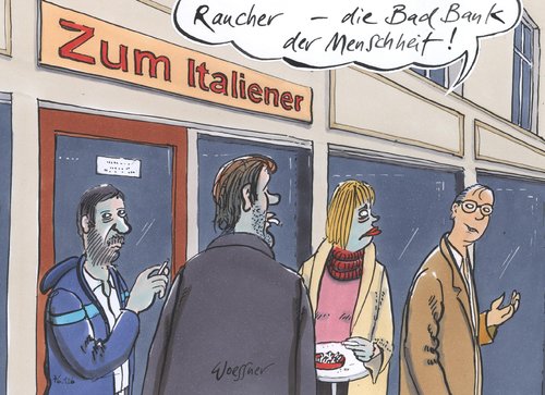 Cartoon: raucher bad bank (medium) by woessner tagged raucher,bad,bank,gesundheit,medizin,ausgrenzung,finanzkrise,spott,hohn,verachtung,raucher,bad bank,banken,gesundheit,medizin,ausgrenzung,finanzkrise,spott,hohn,verachtung,rauchen,bad,bank