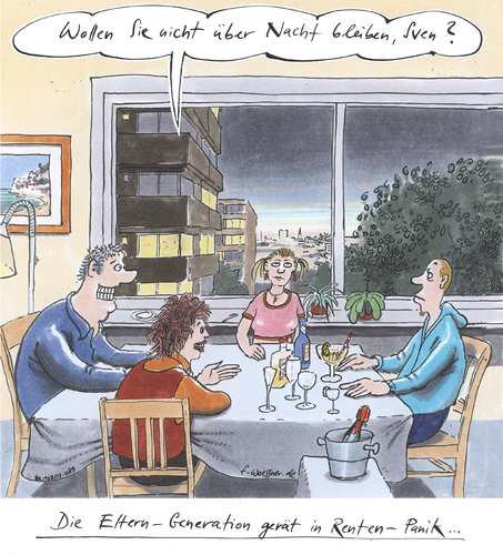 Cartoon: renten panik (medium) by woessner tagged eltern,generation,rente,panik,rentenkürzung,altersarmut,ruhestand,pension,soziale,gerechtigkeit,jugend,sozialbeitrag,rentenbeitrag,eltern,generation,rente,panik,rentenkürzung,altersarmut,ruhestand,pension,soziale,gerechtigkeit,jugend,sozialbeitrag,rentenbeitrag