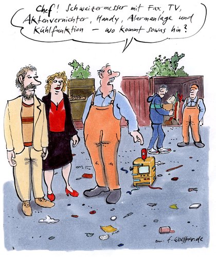 Cartoon: schweizermesser (medium) by woessner tagged schweizermesser,umwelt,müll,handy,fax,entsorgung,stadtreinigung,recycling,schweizermesser,umwelt,müll,handy,fax,entsorgung,stadtreinigung,recycling