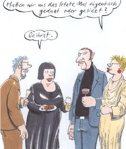 Cartoon: Sie (medium) by woessner tagged party,people,talking,du,sie,siezen,siezen,sie,du,duzen,gesellschaft,fete,feier,kennenlernen,treffen,small,talk,party,empfang,feierlichkeit,feierstunde,einladung,zusammenkunft,begleitung,guter ton,gebaren,lebensart,schliff,bildung,betragen,kinderstube,erziehung,disziplin,etikette,takt,gute manieren,verhalten,knigge,anstand,höflichkeit,gutes,benimm,benehmen,haltung,habitus,diskretion,zartgefühl,umgang,umgangsformen,sitte,feingefühl,fingerspitzengefühl,taktgefühl,zurückhaltung,guter,ton,gute,manieren