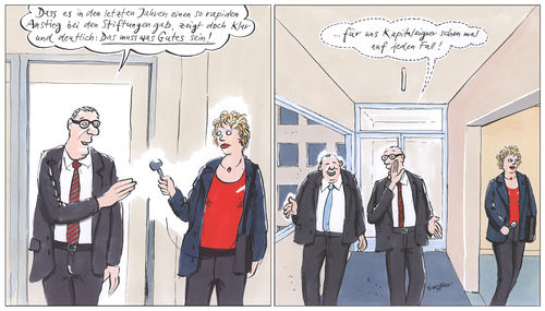 Cartoon: Stiftungsboom (medium) by woessner tagged großkap,reichtum,kapitalisten,kapitaleigner,reporterin,interview,stiftungen,zunahme,anstieg,stiftungsboom,finanzierung,werbung,ethik,geldwäsche,greenwashing,einflussnahme,steuerhinterziehung,stiftungsmodell,stiftungswesen,stiften,karikatur,caroon,woessner,woessner,caroon,karikatur,stiften,stiftungswesen,stiftungsmodell,steuerhinterziehung,einflussnahme,greenwashing,geldwäsche,ethik,werbung,finanzierung,stiftungsboom,anstieg,zunahme,stiftungen,interview,reporterin,kapitaleigner,kapitalisten,reichtum,großkapital,steuervermeidung,steuerflucht,steuersparmodell,gemeinnützigkeit,lobbyismus