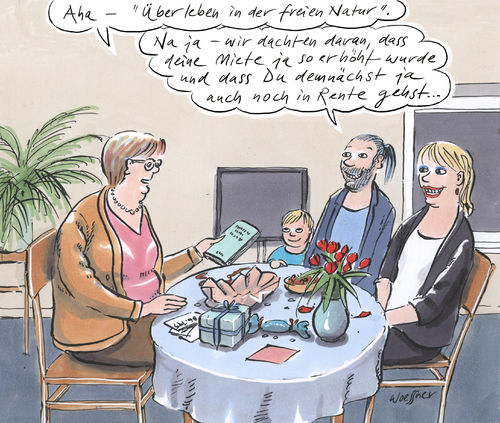 Cartoon: Überleben (medium) by woessner tagged freimut,woessner,karikaturen,cartoons,altersversorgung,generationen,generationengerechtigkeit,soziale,gerechtigkeit,lebensarbeitszeit,erwerbsbiografie,überleben,in,der,natur,rente,alter,altersarmut,geburtstag,oma,großmutter,survival,überlebenstraining,survivalkit,outdoor,buch,geschenk,geburtstagstisch,freimut,woessner,karikaturen,cartoons,altersversorgung,generationen,generationengerechtigkeit,soziale,gerechtigkeit,lebensarbeitszeit,erwerbsbiografie,überleben,in,der,natur,rente,alter,altersarmut,geburtstag,oma,großmutter,survival,überlebenstraining,survivalkit,outdoor,buch,geschenk,geburtstagstisch