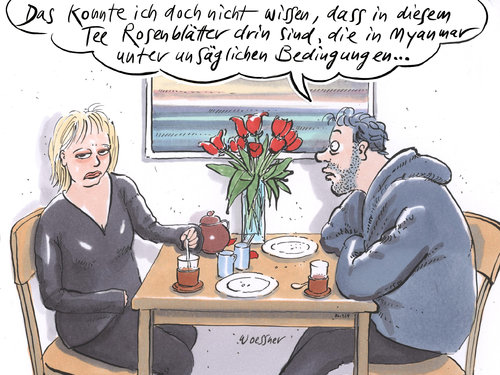 Cartoon: unsägliche Bedingungen (medium) by woessner tagged freimut,woessner,karikatur,cartoon,partnerschaft,ehe,zusammenleben,rücksichtnahme,einfühlung,engagement,mitleid,auseinandersetzung,gespräch,getränk,teezeremonie,vorwurf,vorwurfsvoll,unsägliche,bedingungen,tee,rosenblätter,ernte,arbeitsbedingungen,ausbeutung,dritte,welt,myanmar,beziehung,beleidigt,mann,frau,sensibel,high,sensitiv,freimut,woessner,karikatur,cartoon,partnerschaft,ehe,zusammenleben,rücksichtnahme,einfühlung,engagement,mitleid,auseinandersetzung,gespräch,getränk,teezeremonie,vorwurf,vorwurfsvoll,unsägliche,bedingungen,tee,rosenblätter,ernte,arbeitsbedingungen,ausbeutung,dritte,welt,myanmar,beziehung,beleidigt,mann,frau,sensibel,high,sensitiv