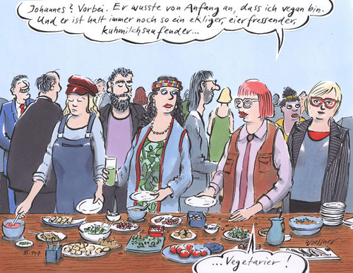 Cartoon: vegan vegetarisch (medium) by woessner tagged nahrungsmittel,nahrungsmittelindustrie,entfremdung,tierisch,pflanzlich,verzicht,ernährungsumstellung,diät,trend,mode,tierquälerei,futtermittel,umwelt,ökologie,bio,biologie,gesundheit,vegan,vegetarisch,veganismus,vegetarismus,veganerinnen,vegetarierinnen,ernährung,tierschutz,massentierhaltung,qualzucht,ethik,moral,schlachtung,schlachthof,industrielle,tierproduktion,nahrungsmittel,nahrungsmittelindustrie,entfremdung,tierisch,pflanzlich,verzicht,ernährungsumstellung,diät,trend,mode,tierquälerei,futtermittel,umwelt,ökologie,bio,biologie,gesundheit,vegan,vegetarisch,veganismus,vegetarismus,veganerinnen,vegetarierinnen,ernährung,tierschutz,massentierhaltung,qualzucht,ethik,moral,schlachtung,schlachthof,industrielle,tierproduktion