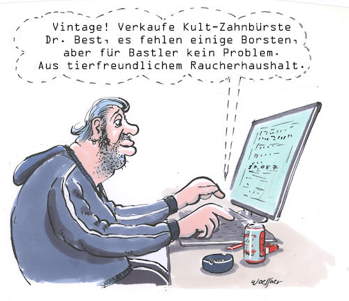 Cartoon: Vintage (medium) by woessner tagged freimut,woessner,karikaturen,cartoons,rechtsanwalt,produktbeschreibung,hygiene,unhygienisch,tierliebhaber,schnäppchenjäger,vintage,ii,zahnbürste,schnäppchen,nostalgie,ebay,auktion,antik,bastler,raucher,haushalt,tiere,tierfreundlich,tierfrei,geruch,abnutzung,ekel,pc,laptop,internet,online,digital,freimut,woessner,karikaturen,cartoons,rechtsanwalt,produktbeschreibung,hygiene,unhygienisch,tierliebhaber,schnäppchenjäger,vintage,ii,zahnbürste,schnäppchen,nostalgie,ebay,auktion,antik,bastler,raucher,haushalt,tiere,tierfreundlich,tierfrei,geruch,abnutzung,ekel,pc,laptop,internet,online,digital