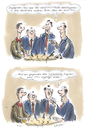 Cartoon: Wahlergebnis (medium) by woessner tagged freimut,woessner,karikaturen,cartoons,abstimmungseergebnis,hochrechnung,amtliches,endergebnis,parteienvertreter,kommentare,runde,statements,interpretation,wählen,bundestagswahl,wähler,wahlergebnis,schlecht,zulegen,verbesserung,schönreden,euphemismus,schönredner,parteien,wahlkampf,wahlen,abstimmung,repräsentative,demokratie,demokratisch,tv,fernsehen,interview,wahlabend,freimut,woessner,karikaturen,cartoons,abstimmungseergebnis,hochrechnung,amtliches,endergebnis,parteienvertreter,kommentare,runde,statements,interpretation,wählen,bundestagswahl,wähler,wahlergebnis,schlecht,zulegen,verbesserung,schönreden,euphemismus,schönredner,parteien,wahlkampf,wahlen,abstimmung,repräsentative,demokratie,demokratisch,tv,fernsehen,interview,wahlabend