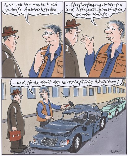 Cartoon: wirtschaftswachstum (medium) by woessner tagged wirtschaftliches,wachstum,zerstörung,bruttosozialprodukt,kfz,autowerkstatt,justizvollzugsanstalt,gefängnis,polizei,kriminalität,wirtschaftliches,wachstum,zerstörung,bruttosozialprodukt,kfz,autowerkstatt,justizvollzugsanstalt,gefängnis,polizei,kriminalität