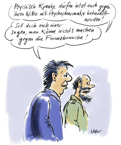 Cartoon: zwangsbehandlung (medium) by woessner tagged zwangsbehandlung,psychisch,krank,psychopharmaka,medizin,psychiatrie,finanzkrise,bankenkrise,spekulation,seele,zwangsbehandlung,psychisch,krank,psychopharmaka,medizin,psychiatrie,finanzkrise,bankenkrise,spekulation,seele