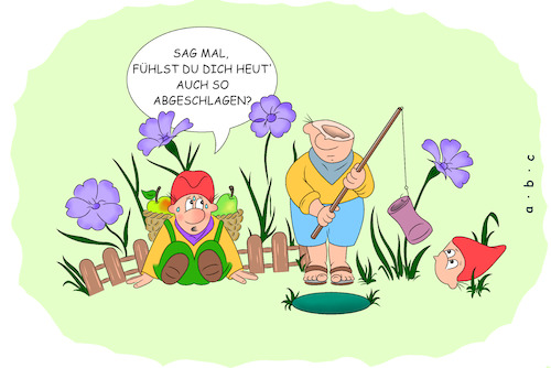 Cartoon: Abgeschlagen (medium) by a-b-c tagged gartenzwerg,zwerg,garten,erkältung,krankheit,abgeschlagenheit,abc,gartenzwerg,zwerg,garten,erkältung,krankheit,abgeschlagenheit,abc,wortspiel