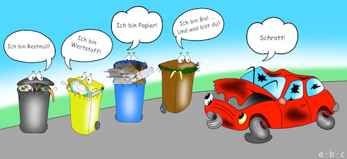 Cartoon: Die Müllis (medium) by a-b-c tagged müll,mülltonne,abfall,abfallwirtschaft,mülltrennung,auto,autoschaden,schrott,abc,wertstoff,identität,müll,mülltonne,abfall,abfallwirtschaft,mülltrennung,auto,autoschaden,schrott,abc,wertstoff,identität