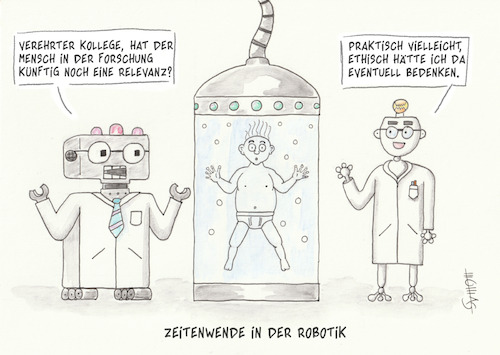 Cartoon: Zeitenwende in der Robotik (medium) by Thomas Novotny tagged robotik,mensch,roboter,künstliche,intelligenz,ki,ethik,ethic,versuch,experiment,wissenschaft,science,robotics,zeitenwende,paradigma,paradigm,shift,götterdämmerung