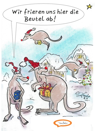 Cartoon: Australische Fachkräfte (medium) by TomPauLeser tagged australische,fachkräfte,aushilfe,aushilfskräfte,australien,springen,weihnachtsbaum,schnee,hüpfen,beuteltier,beutel,aushilskraft,rentiere,känguru,weihnachten,geschenke,arbeitskräfte