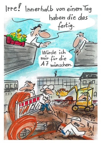 Cartoon: Baustellen (medium) by TomPauLeser tagged datenkabel,glasfaser,balkon,aufreissen,glasfaserkabel,kabelverlegung,bauarbeiten,baustelle,autobahn,a7,a1,a2,a40,a44