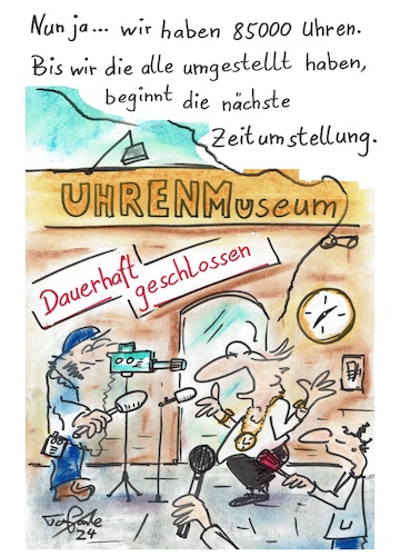 Cartoon: Dauerhaft zu (medium) by TomPauLeser tagged zeit,zeitumstellung,sommerzeit,winterzeit,umstellung,uhren,uhrenmuseum,museum,armbanduhr,einstellen,umstellen,reporter,video,camrecorder,überwachungskamera,mikrofon,news