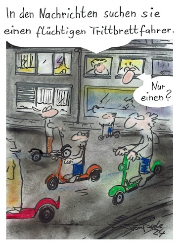 Cartoon: Dringend gesucht (medium) by TomPauLeser tagged escooter,scooter,roller,fahndung,trittbrettfahrer,fahrer,tritt,straße,fahnder,nachrichten,news,meldung,warnmeldung,hinweis