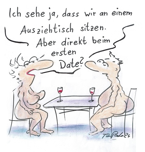 Cartoon: Forsches Möbel (medium) by TomPauLeser tagged ausziehtisch,möbel,treff,treffen,wein,sitzen,weinglas,tisch,date,nackt,fkk