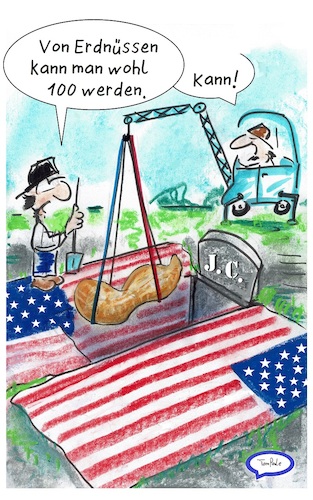 Cartoon: Jimmy C. (medium) by TomPauLeser tagged präsident,expresident,jimmy,carter,vereinigte,staaten,america,erdnussfarm,erdnussproduzent,amerika,usa,erdnuss,erdnüsse,todestag,begräbnis,amerikanische,flagge,alt,100,jahre,grabstein,gruft,mausoleum,peanut,peanuts